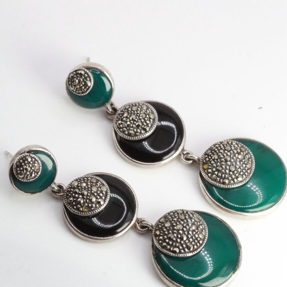 STERLING SILVER DECO ONYX CHALCEDONY LONG EARRINGS - Picture 10 of 12